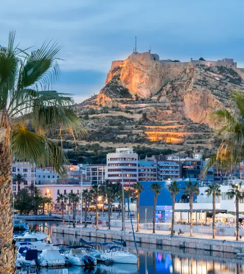 Alicante: il porto con le palme e il castello sulla collina