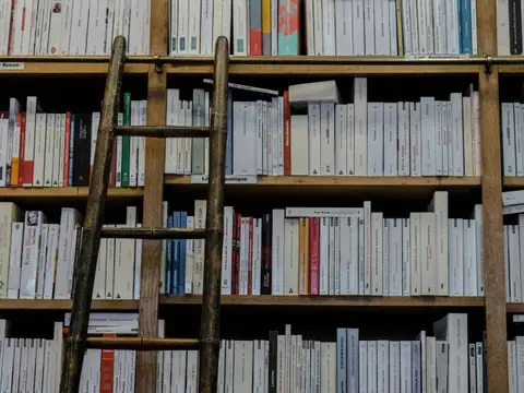 Libreria a parete piena di libri, con una scala in legno