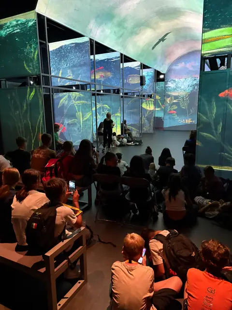 Ragazzi seduti in una sala immersiva con proiezioni di un fondale acquatico